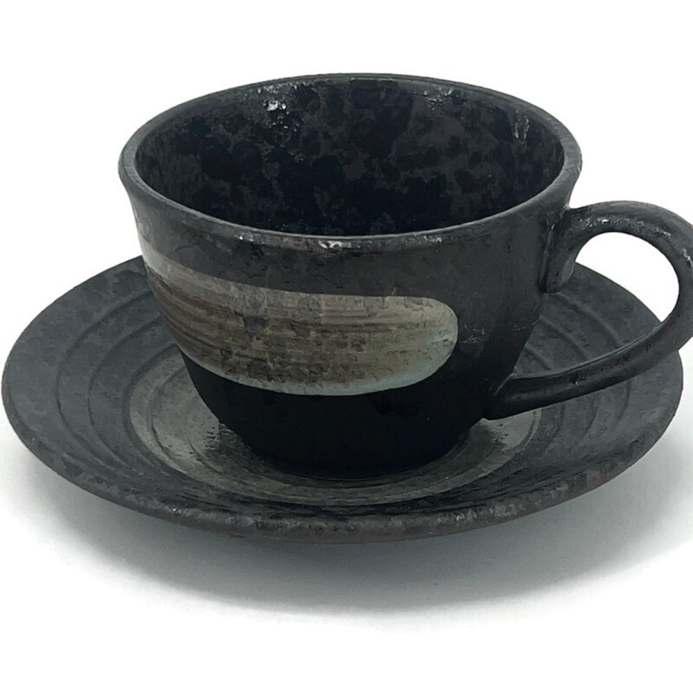 Authentic Shigaraki Yaki Japanese Pottery Tea Cup Saucer Haiyu Ash Glaze Artisan